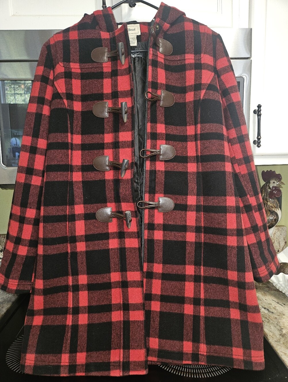 LL Bean Italian Wool Duffel Coat Red Black Plaid Toggle Hooded Bellandi Italy 6